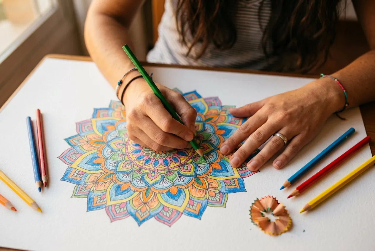 俯拍雙手以彩色鉛筆為曼陀羅圖案上色，白紙上的曼陀羅填滿畫面中央，雙手與色鉛筆分布畫面右下角，溫暖環境光