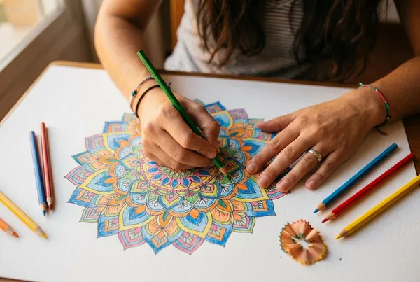 俯拍雙手以彩色鉛筆為曼陀羅圖案上色，白紙上的曼陀羅填滿畫面中央，雙手與色鉛筆分布畫面右下角，溫暖環境光