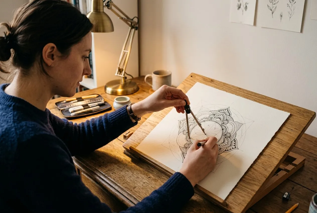 人物側身坐於木桌前,以圓規和筆在白紙上繪製曼陀羅,人物佔畫面左半側,紙張在右半側,左上方桌燈投出暖色光源