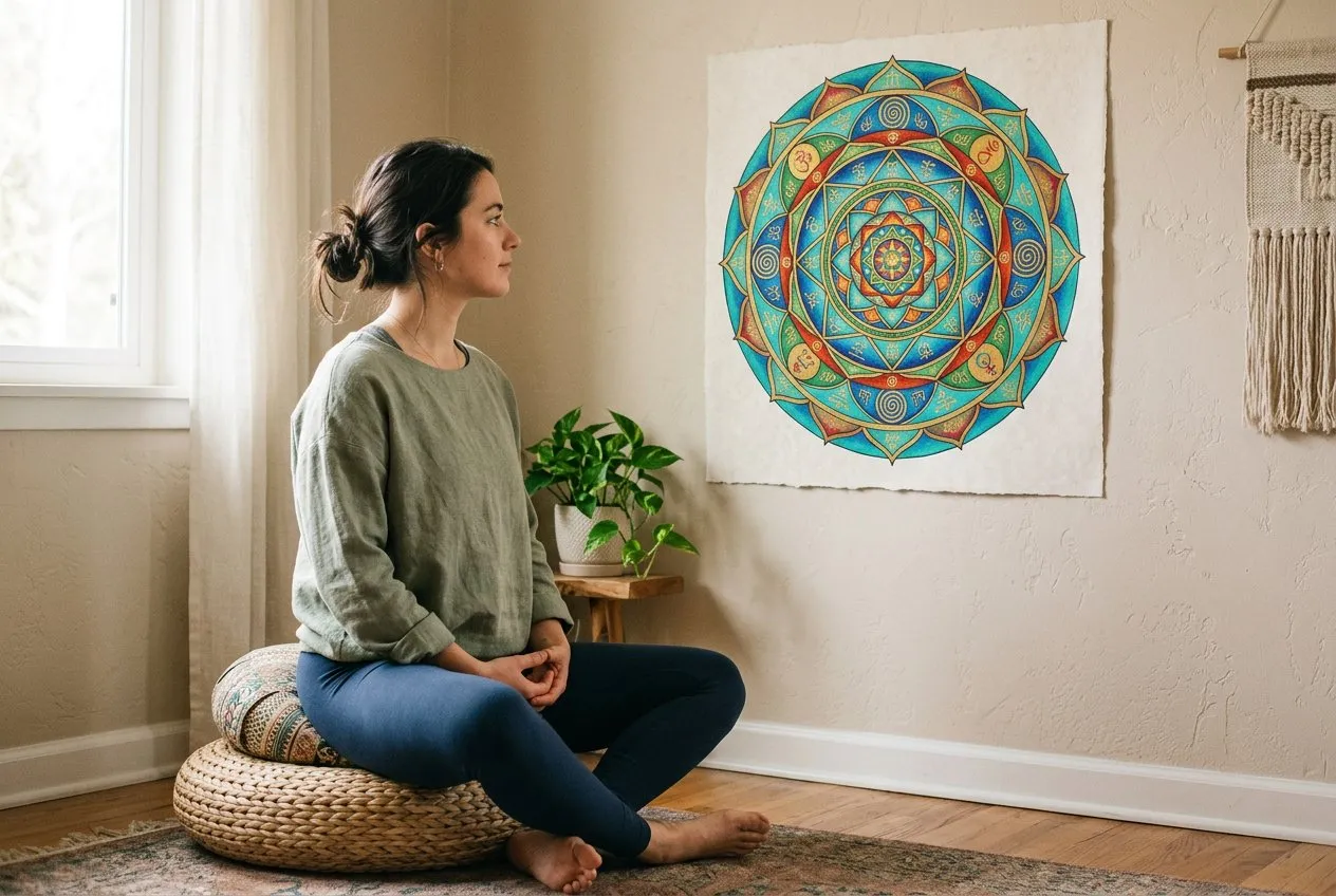 人物盤腿坐在冥想墊上,眼神柔和望向前方牆上的彩色曼陀羅掛圖,人物佔畫面左下三分之二,曼陀羅圖案在右上方,柔和側光勾勒輪廓