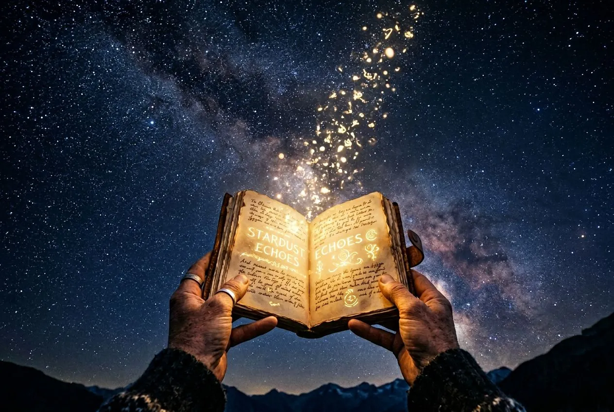 低角度仰拍一雙手捧著一本發光的日記本對著深靛星空，金色手寫字句和光符從書頁升騰到宇宙之中如柔軟火花，書頁邊緣浮現微光神聖幾何，神聖而充滿希望的氛圍