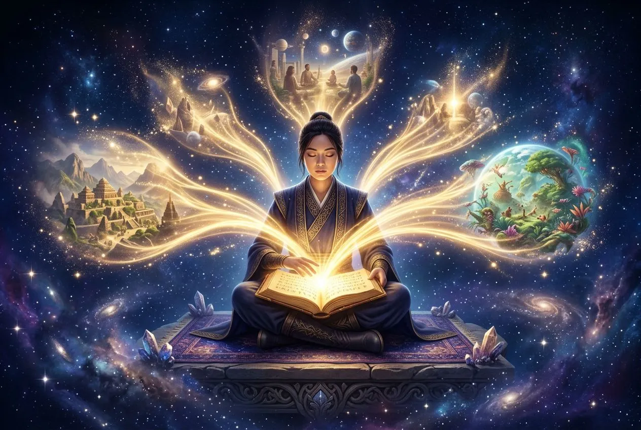 正面置中一個盤腿而坐的人物，膝上放著一本發光的日記本，金色光流從中央向外對稱輻射，浮現出未來生活的淡淡幻影，深靛宇宙背景帶星塵與微弱星雲，寧靜而充滿力量的氛圍