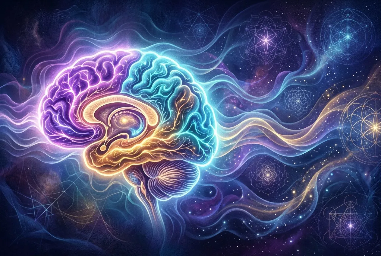 人體大腦剖面圖,不同腦區有彩色光波流動,顯示 Alpha 和 Theta 腦波的活躍區域,靈性科學風格,深藍紫色調