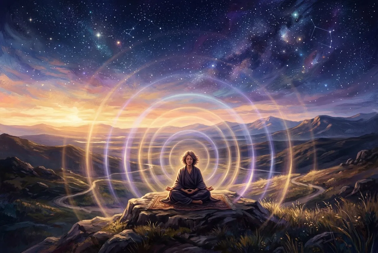 一個人坐在大自然曠野中冥想,周圍有柔和的同心圓光波從身體向外擴散,天空呈現晨光與星空交界的奇幻色彩