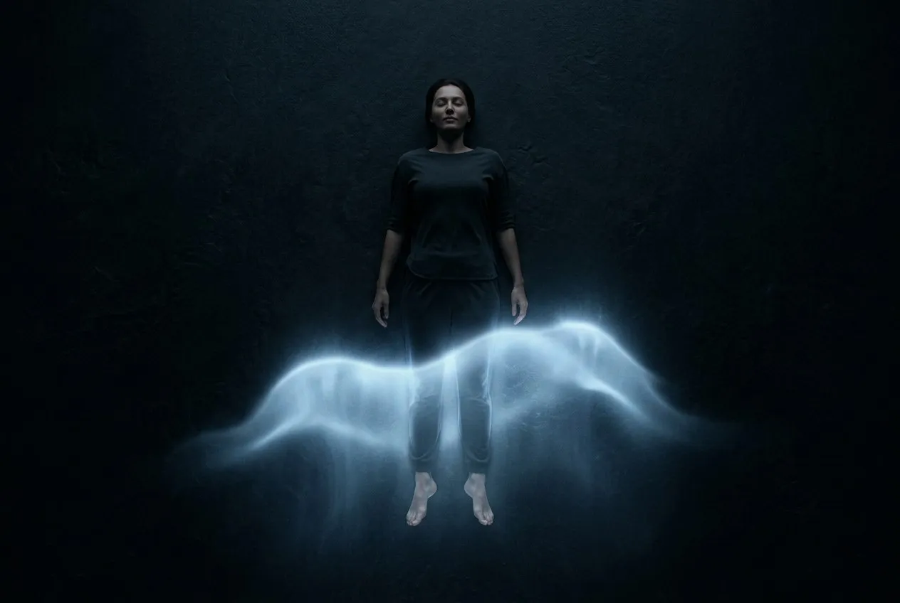 俯視躺臥者，柔和藍白光波從腳底緩緩向頭部掃過，消融身體緊張