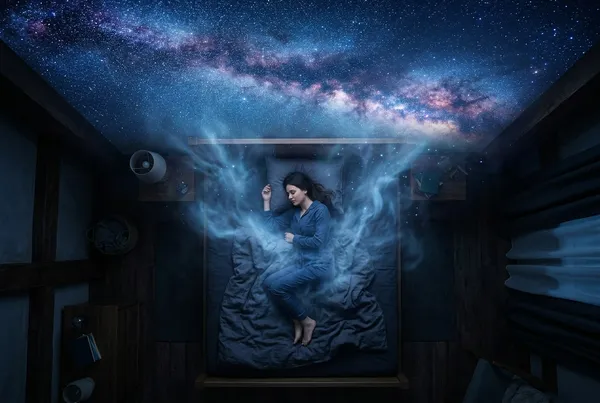 俯視沉睡的人，身體周圍升起藍色光霧，天花板溶入滿天星空