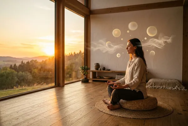 黃昏時分一個人坐在簡約木質地板上的軟墊冥想，側面斜角構圖，雙腳自然放下沒有盤腿，脊椎挺直，落地窗外金色暮光斜射進來，幾個半透明的念頭符號（小光球、文字輪廓）漂浮於頭頂周圍，主體偏右，畫面左側留白，氛圍安靜但不神秘