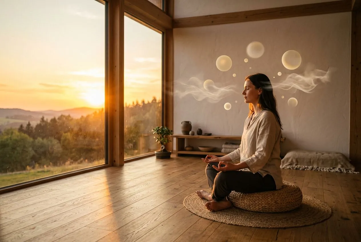 黃昏時分一個人坐在簡約木質地板上的軟墊冥想，側面斜角構圖，雙腳自然放下沒有盤腿，脊椎挺直，落地窗外金色暮光斜射進來，幾個半透明的念頭符號（小光球、文字輪廓）漂浮於頭頂周圍，主體偏右，畫面左側留白，氛圍安靜但不神秘