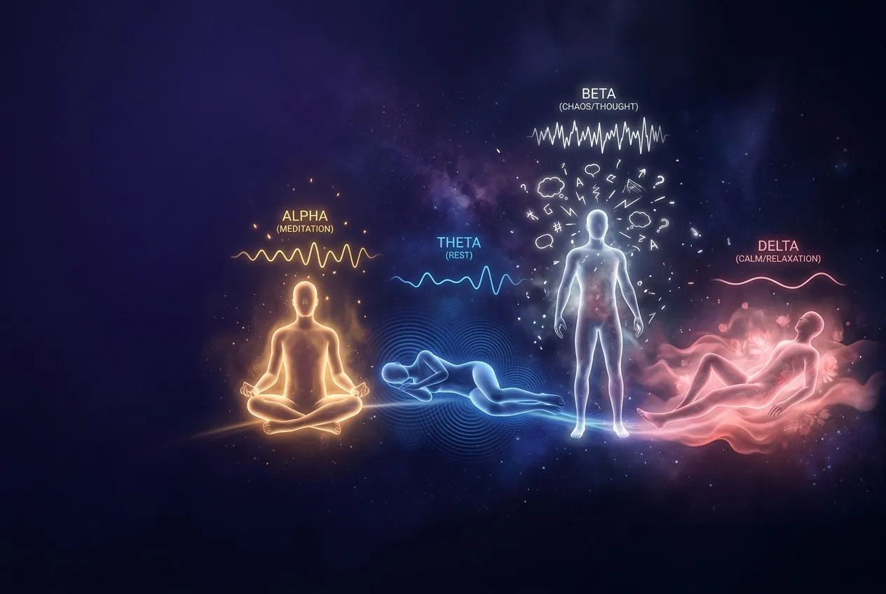 深藍紫色背景中四個半透明發光的人形剪影並排展示不同狀態，從左至右為冥想（端坐脊椎挺直被金色光暈包圍）、睡眠（側臥被深藍水波紋繚繞）、發呆（站立周圍漂浮雜亂念頭符號）、放鬆（半躺被柔和粉紅暈染），每個人形上方有不同顏色腦波線條，主體微偏右、左側留白文字位置，氛圍科學圖示感但帶神聖光感