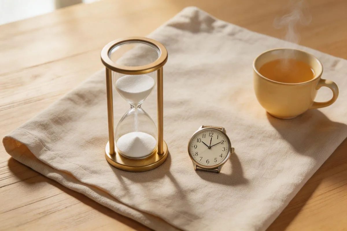 桌面俯視視角拍攝一個簡約沙漏，白色細沙緩緩落下，沙漏旁邊放一個關著的手錶顯示 5 分鐘，背景是淡米色亞麻布桌墊，畫面右上角放一杯溫熱茶冒著淡淡蒸氣，柔和窗光從左斜射進來，主體偏左中，氛圍安靜日常