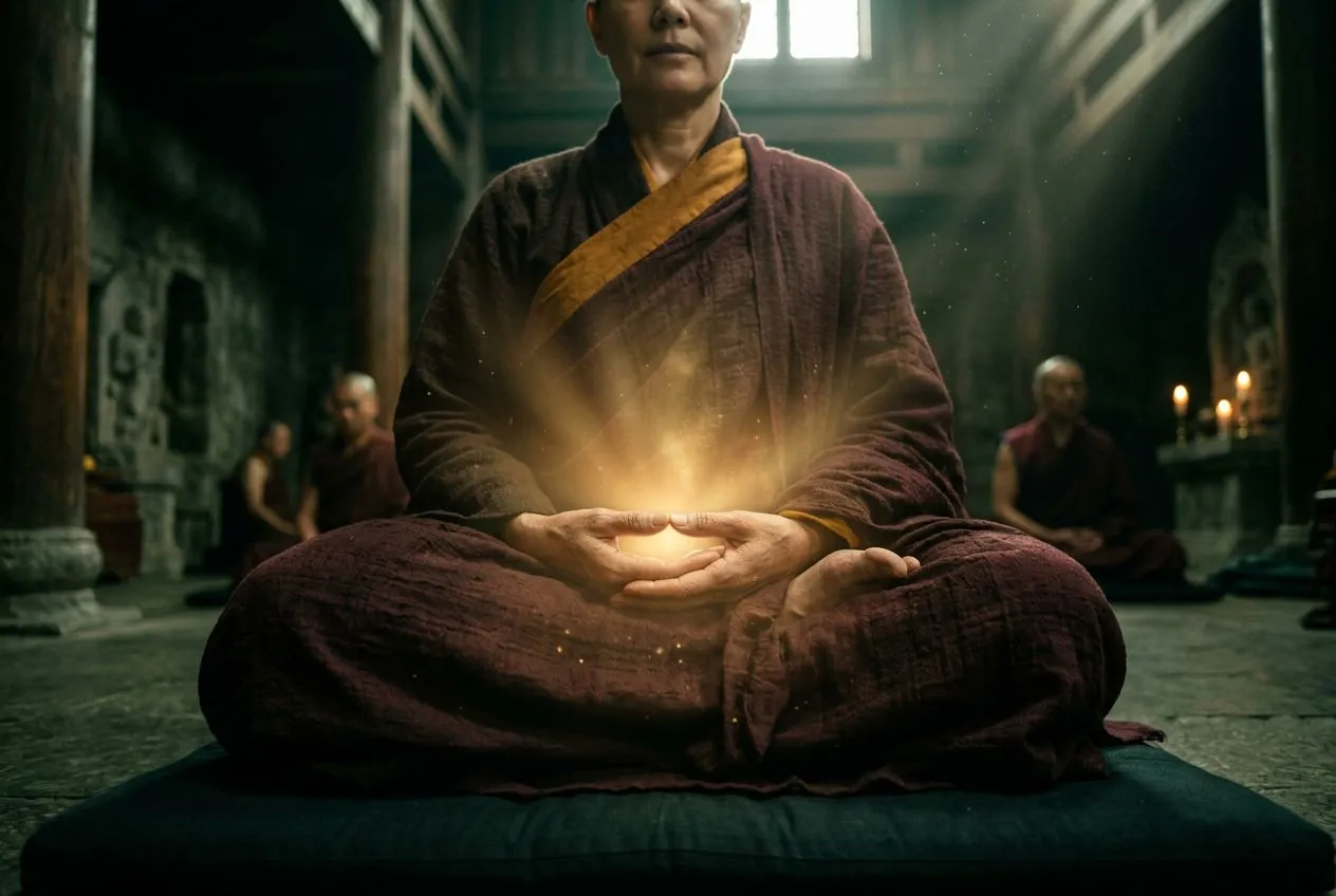 正面置中對稱構圖，畫面中央一雙合十的雙手安放在膝上，掌心透出柔光，背景是深綠色禪堂的靜謐氛圍，溫暖光線從上方灑下，象徵慈悲與祝福