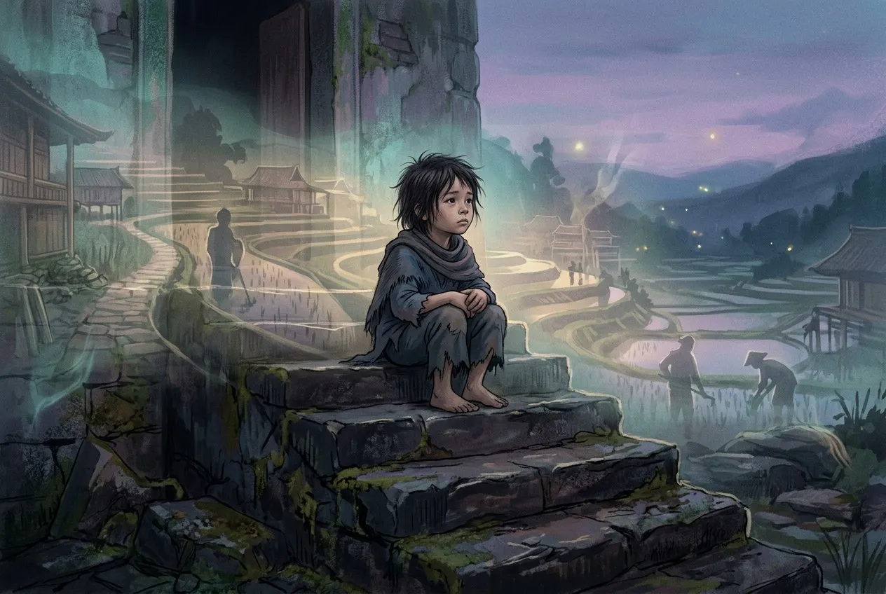 一個若有所思的孩子坐在石階上，周圍若隱若現著前世景象的幻影
