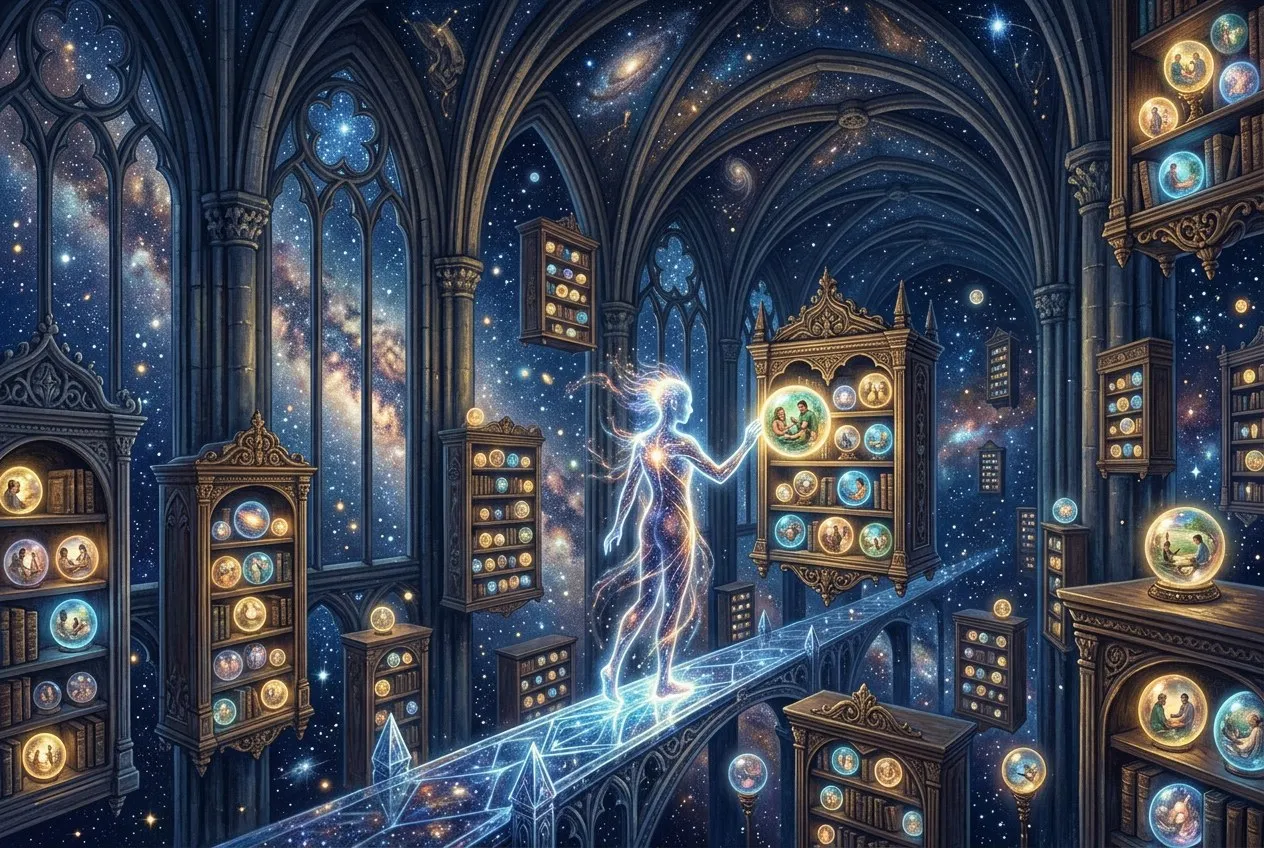 靈魂在宇宙圖書館中選擇下一世的奇幻插畫