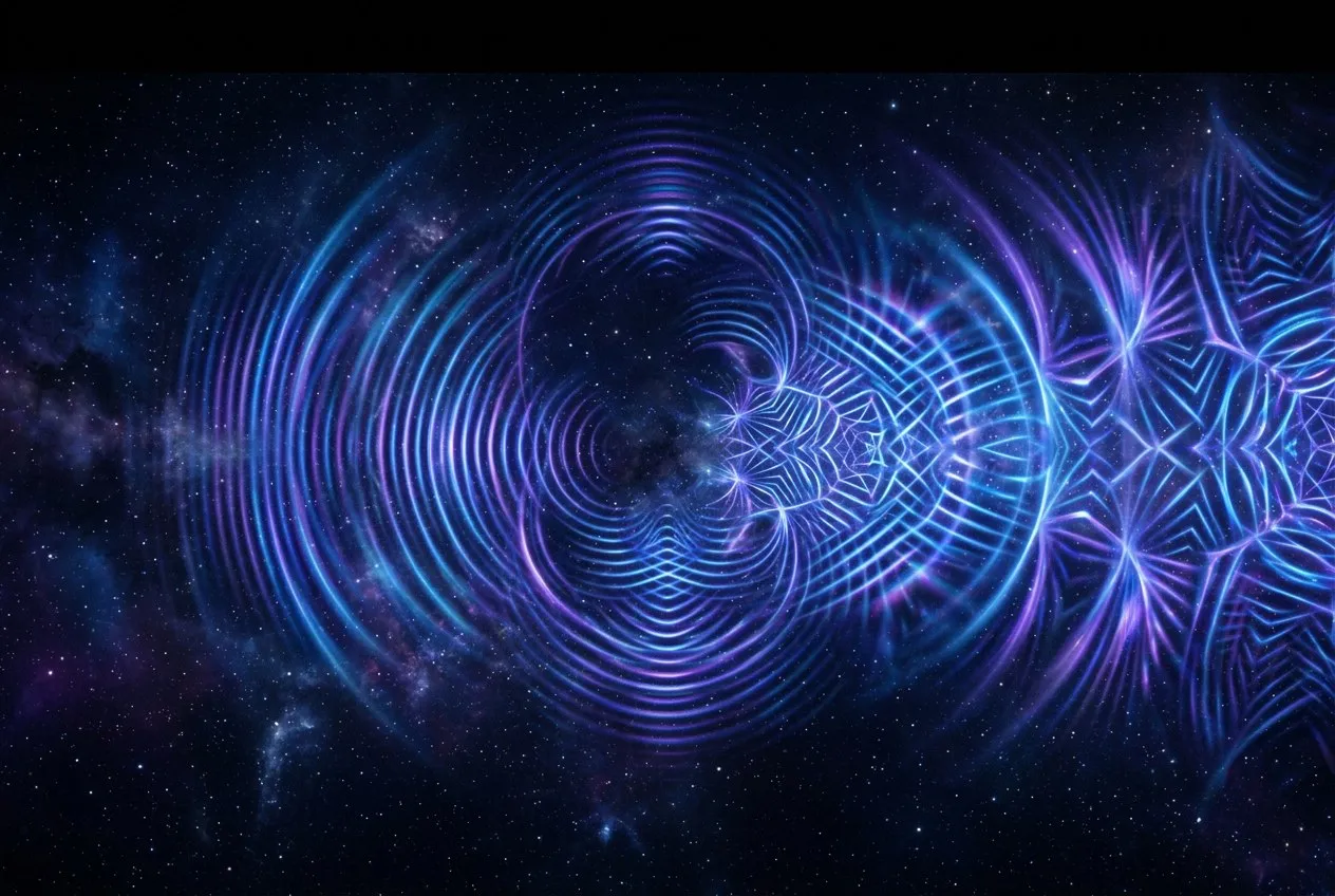 量子波函數在深藍宇宙空間中展開,干涉條紋交織成美麗的發光圖案,象徵疊加態的幾何之美