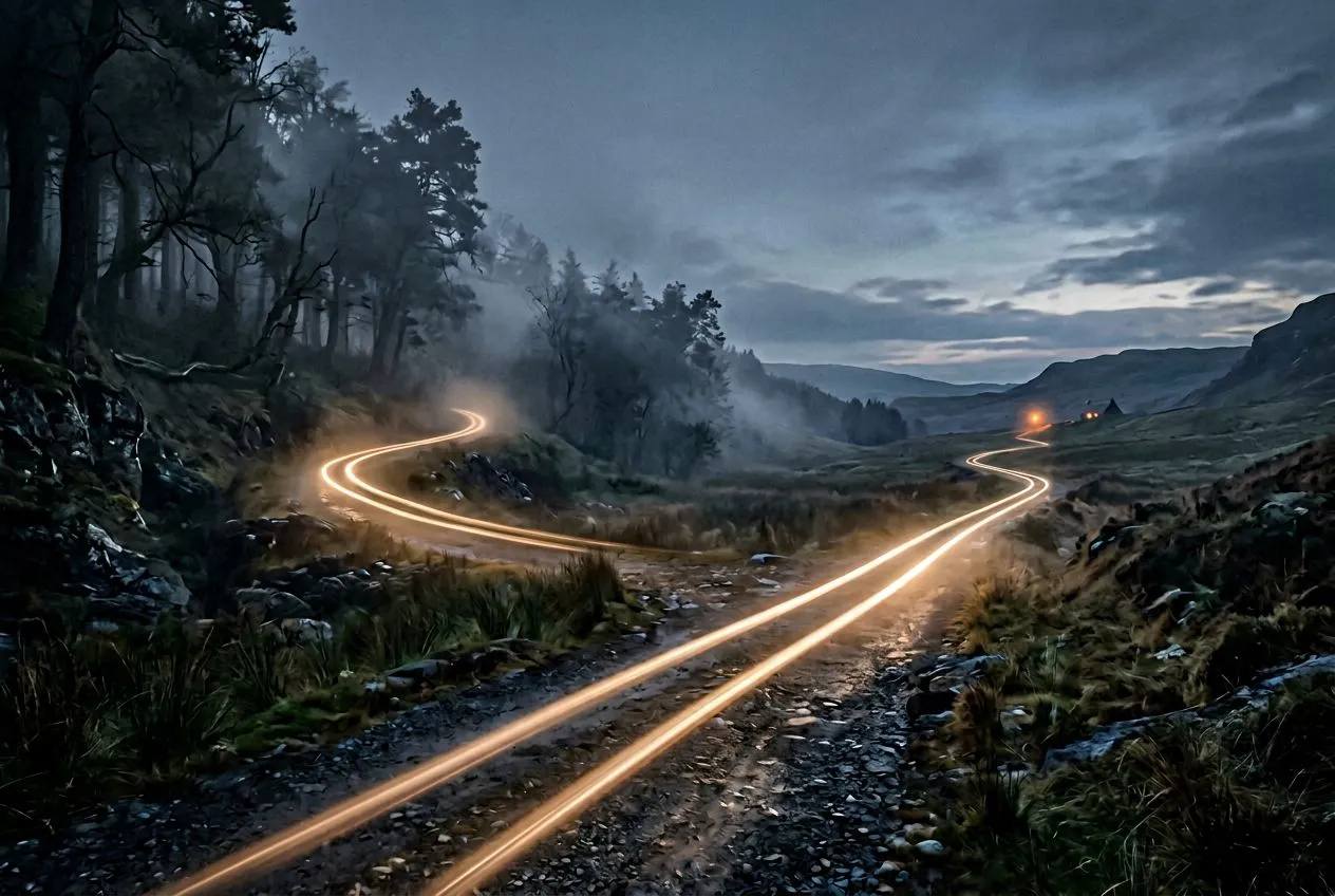 灰藍色傍晚，兩條原本並行的光軌在地面上漸漸分岔，一條繼續直行，一條轉向薄霧中的樹林，沒有戲劇衝突只有安靜的分離感，遠處有一盞溫暖的燈