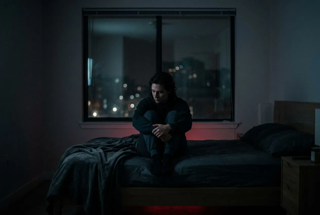 正面置中對稱構圖,一個人在深夜房間裡蜷縮坐在床沿,雙手交握放於膝上,身後是大片夜窗倒映微弱街燈,骨盆下方有極淡的紅色光暈幾乎要消失,畫面安靜而懸著