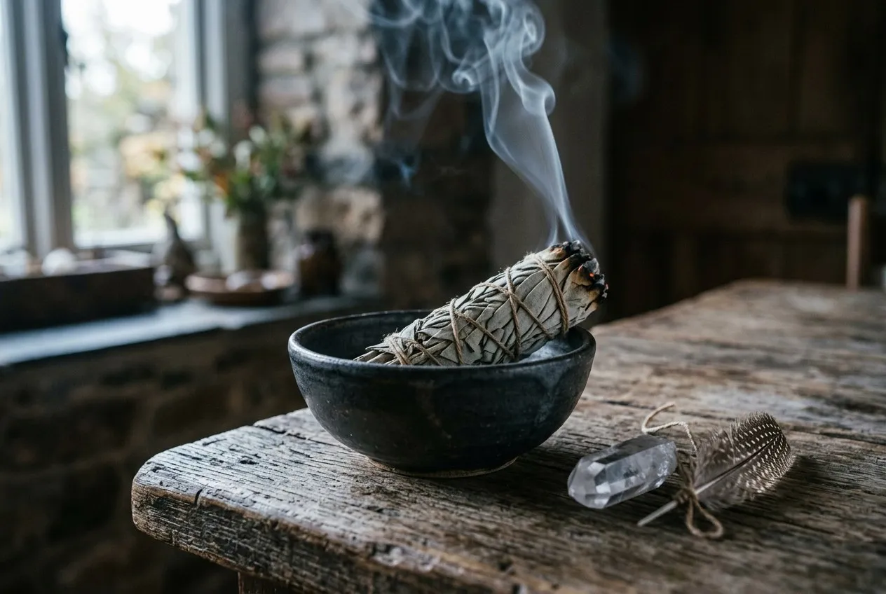 一束白鼠尾草在陶碗中緩緩冒出白煙，旁邊是一顆水晶和羽毛，背景是霧藍色的晨光空間