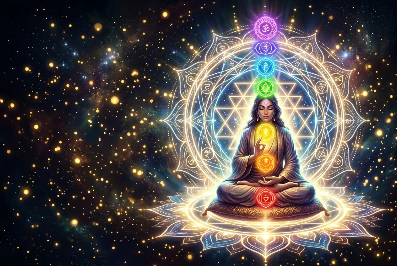 盤腿冥想者坐於圓形幾何光陣中央，七個彩色光環由腳底向頭頂層疊排開，光陣邊緣有蓮花花瓣幾何紋路，深色背景帶有金色微粒，人物偏右下角構圖