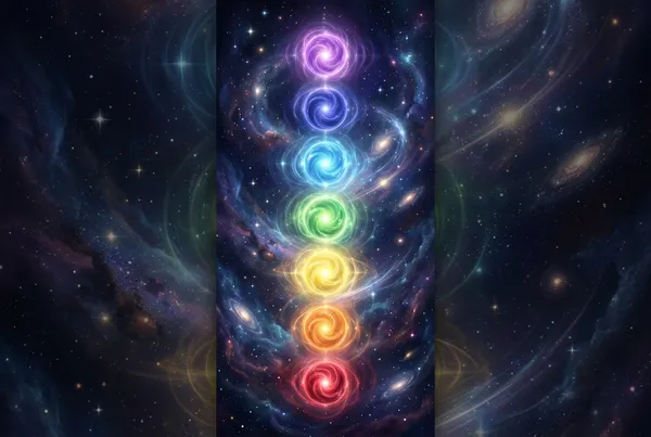 七道彩色光柱由下往上排列，從紅到紫依序交疊於深邃宇宙背景中，光柱右側三分之一位置，光暈向外擴散