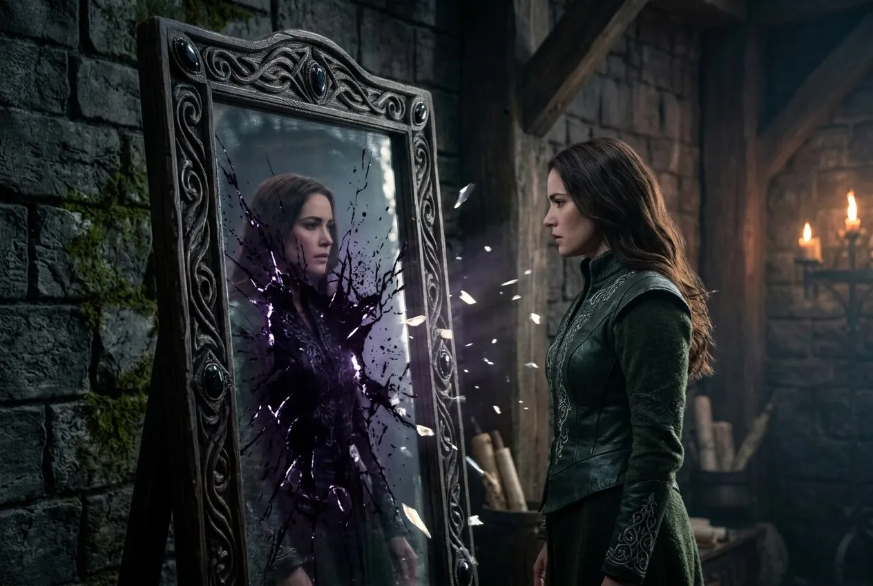 一個人站在鏡子前，鏡中倒影透著深暗的紫黑色光，周圍有碎片狀的光芒向外散射