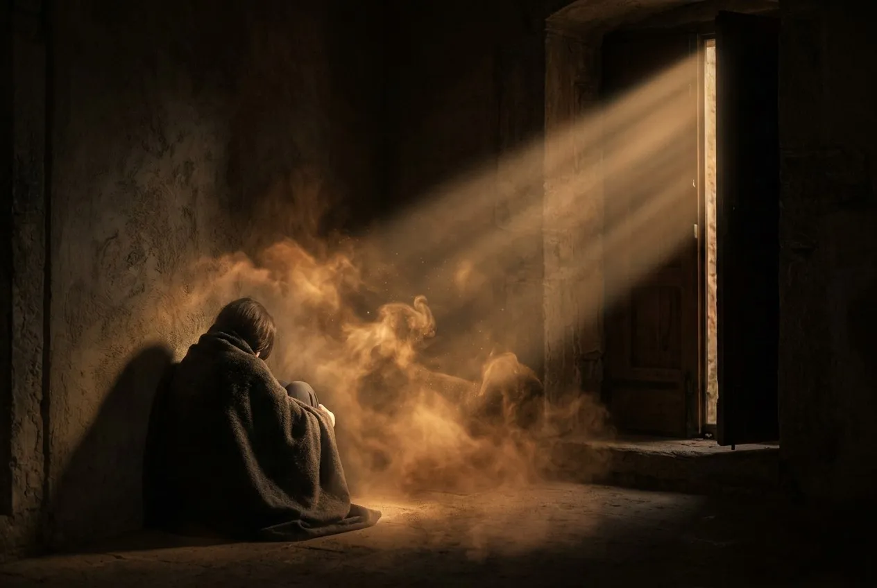 一個人蜷縮在暗室角落,一縷金色光從門縫中射入,照亮了周圍浮動的碎片光芒