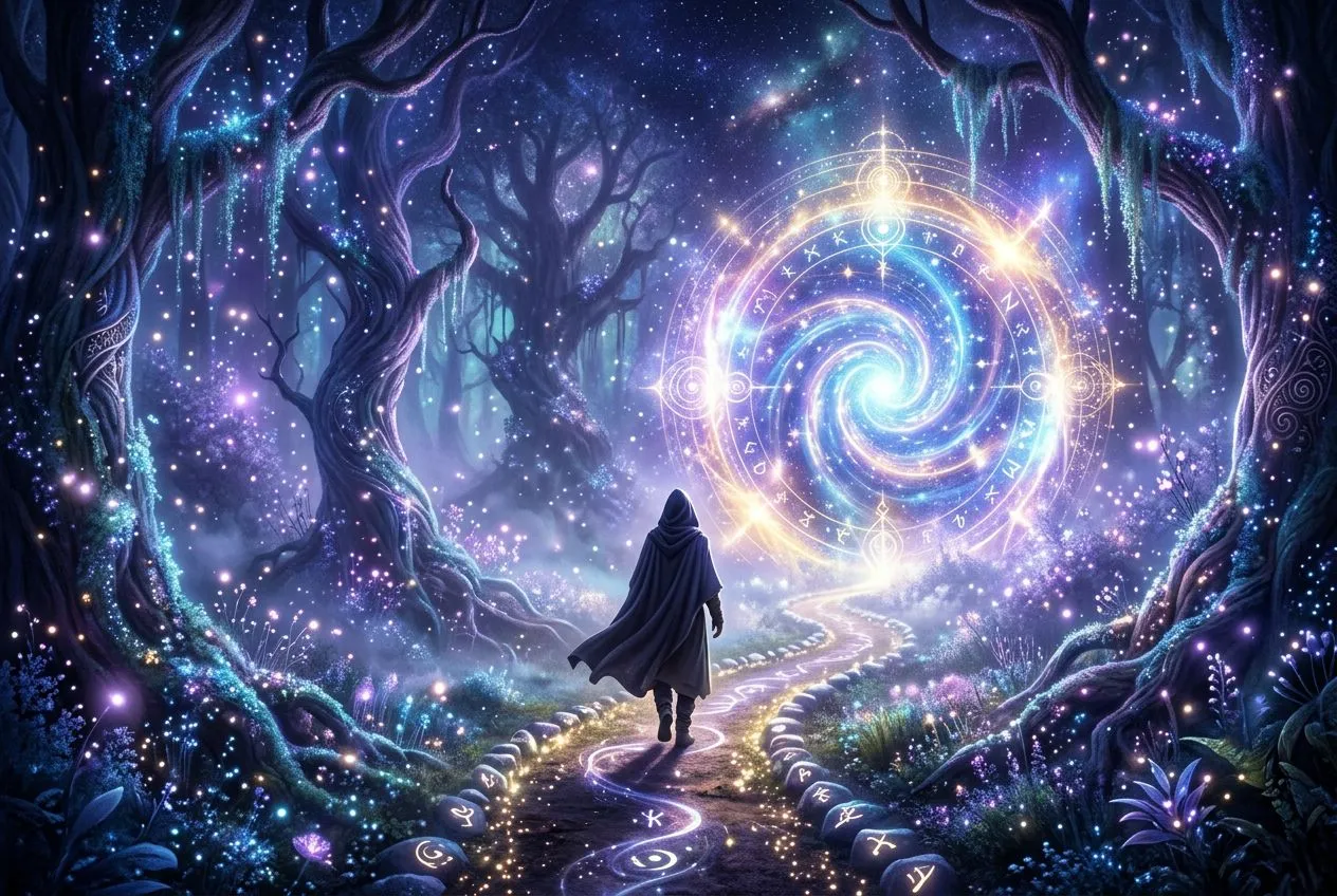 獨行者背影在霧氣瀰漫的林間小路緩步前行，晨光從高處樹間滲透，人物位於畫面左三分之一，右側是發光的霧氣