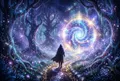 獨行者背影在霧氣瀰漫的林間小路緩步前行，晨光從高處樹間滲透，人物位於畫面左三分之一，右側是發光的霧氣