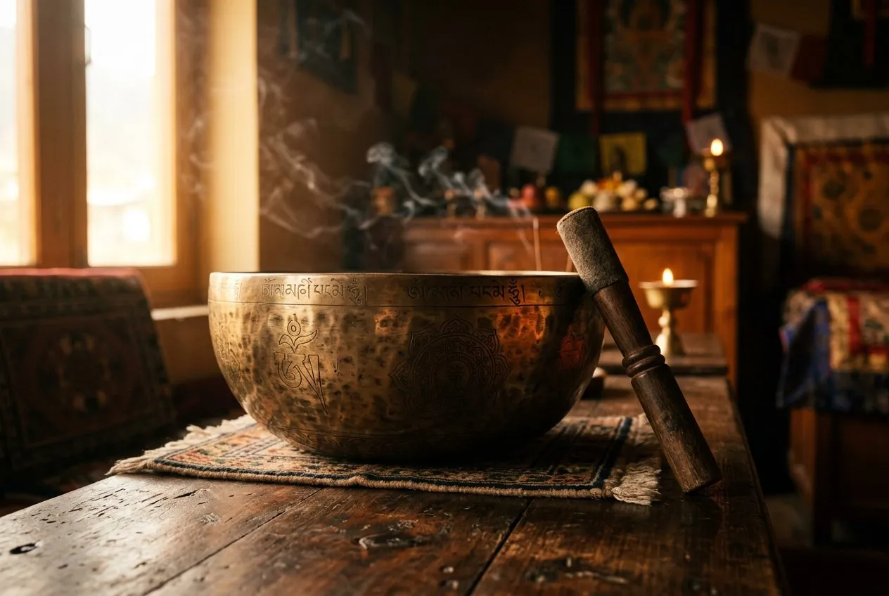 銅色頌缽置於深色木桌上，木棒斜靠缽邊，柔和暖光從左側照入，缽面反射出溫潤弧形高光