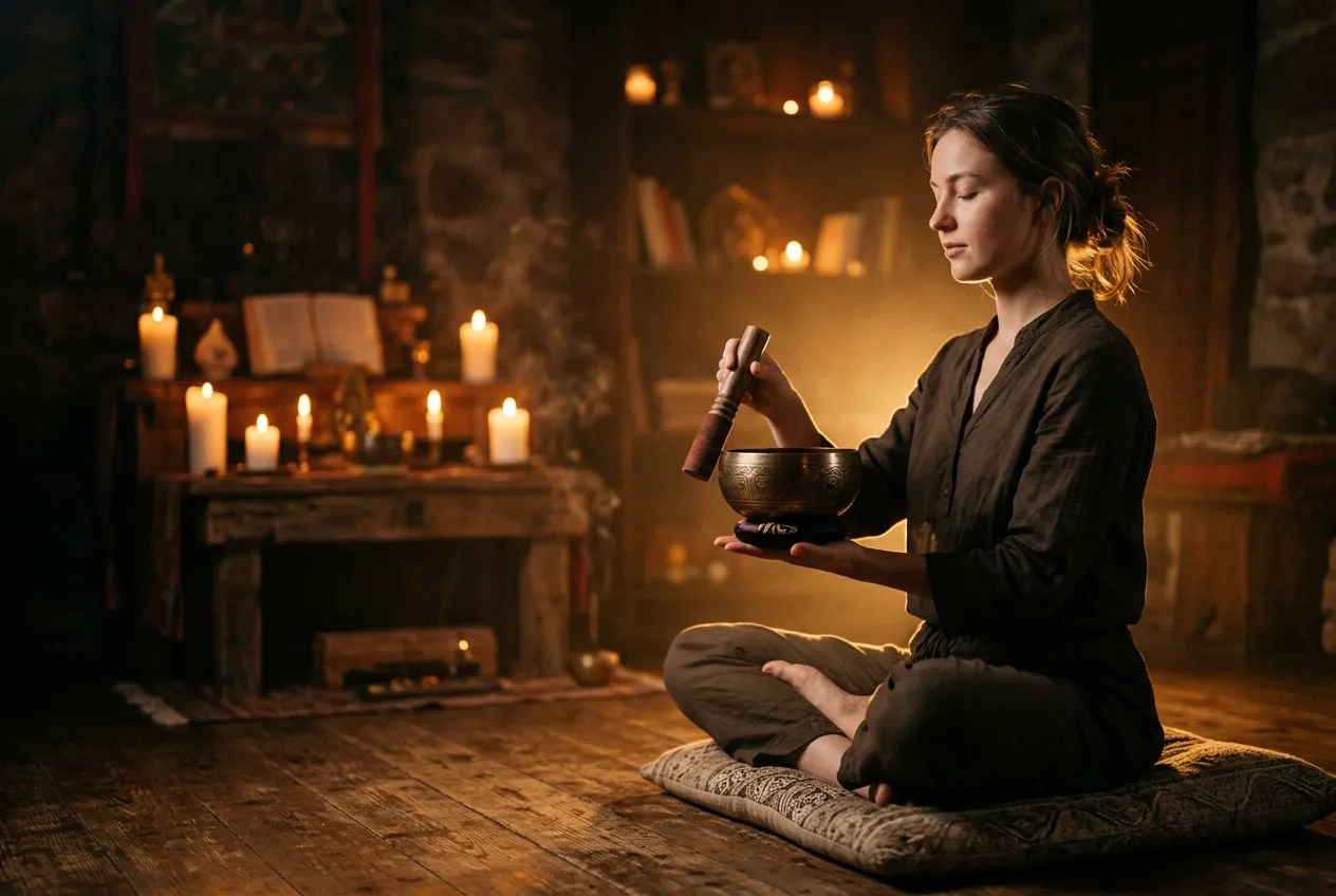 一個人盤腿坐在冥想墊上,掌心托著頌缽,另一手持木棒,燭光從身後映出金色暖光,側面取景人物位於畫面右三分之一