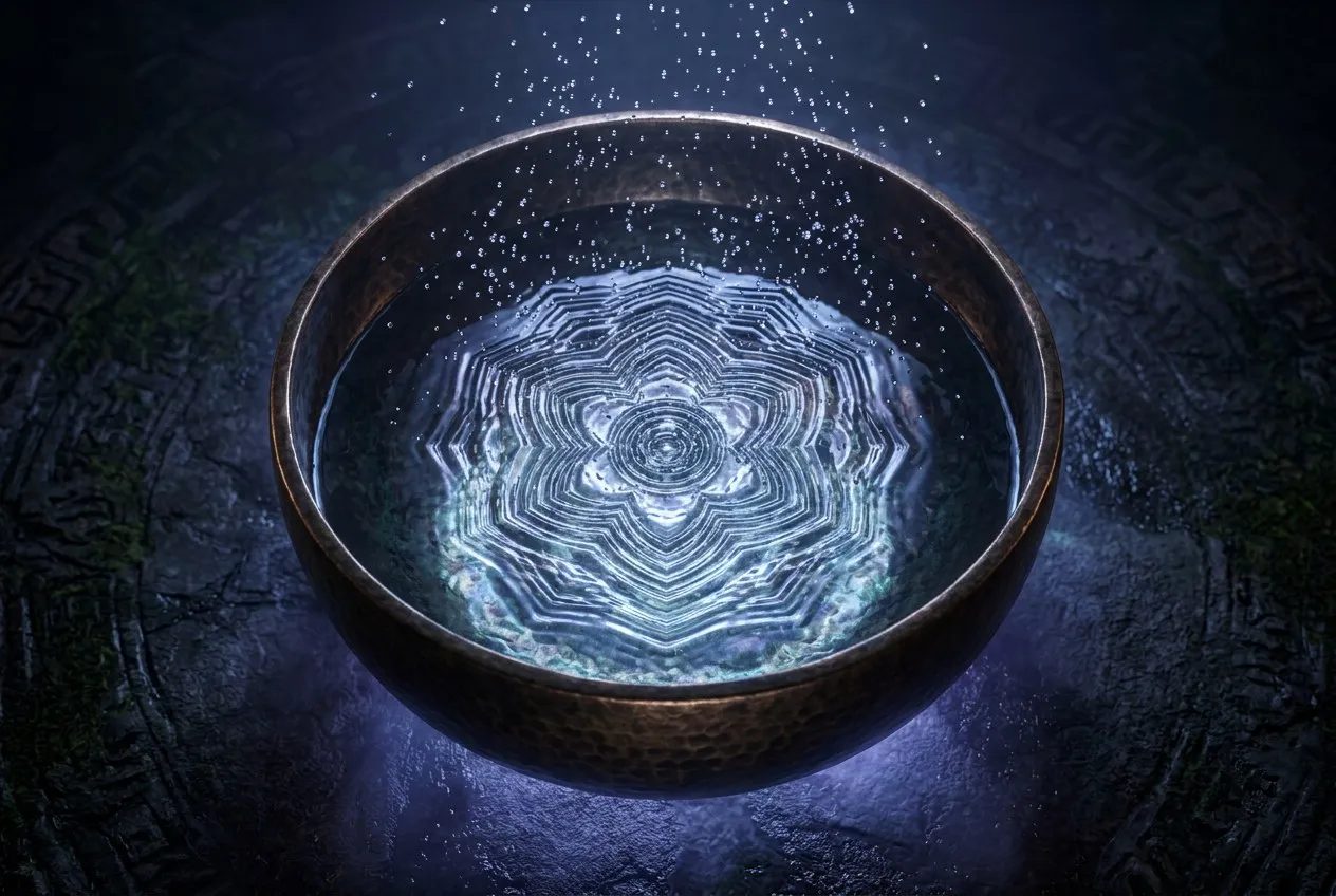 頌缽裝滿水後被敲擊,水面形成精密幾何波紋,微小水珠懸浮在空中,藍紫色環境光映照出神祕氛圍