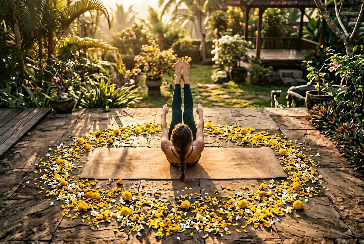 俯視鳥瞰一個人在晨光中的瑜伽墊上做船式（Navasana），腿和軀幹呈 V 型平衡，核心收緊，地面有散落的黃色花瓣，金色晨光從側面打入
