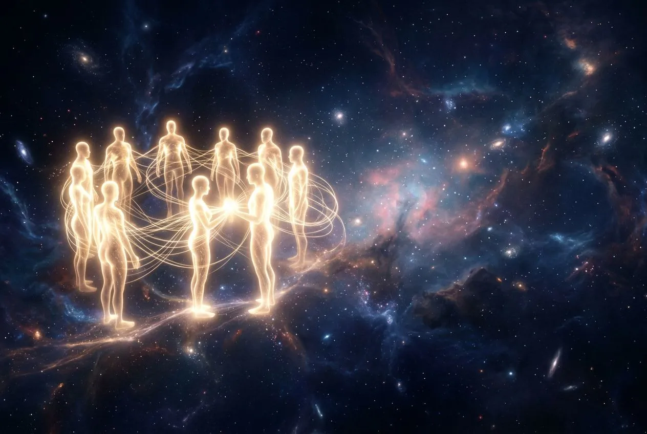 宇宙深空中，數道發光人影聚集在一起，位於畫面偏左，金白色光線在人影間交織，像在宇宙中相認重逢