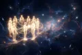 宇宙深空中，數道發光人影聚集在一起，位於畫面偏左，金白色光線在人影間交織，像在宇宙中相認重逢