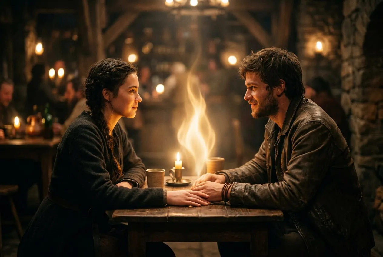 兩人坐在昏暗桌旁，彼此之間升起溫暖金色光焰，手幾乎相觸，燭光映照在臉上