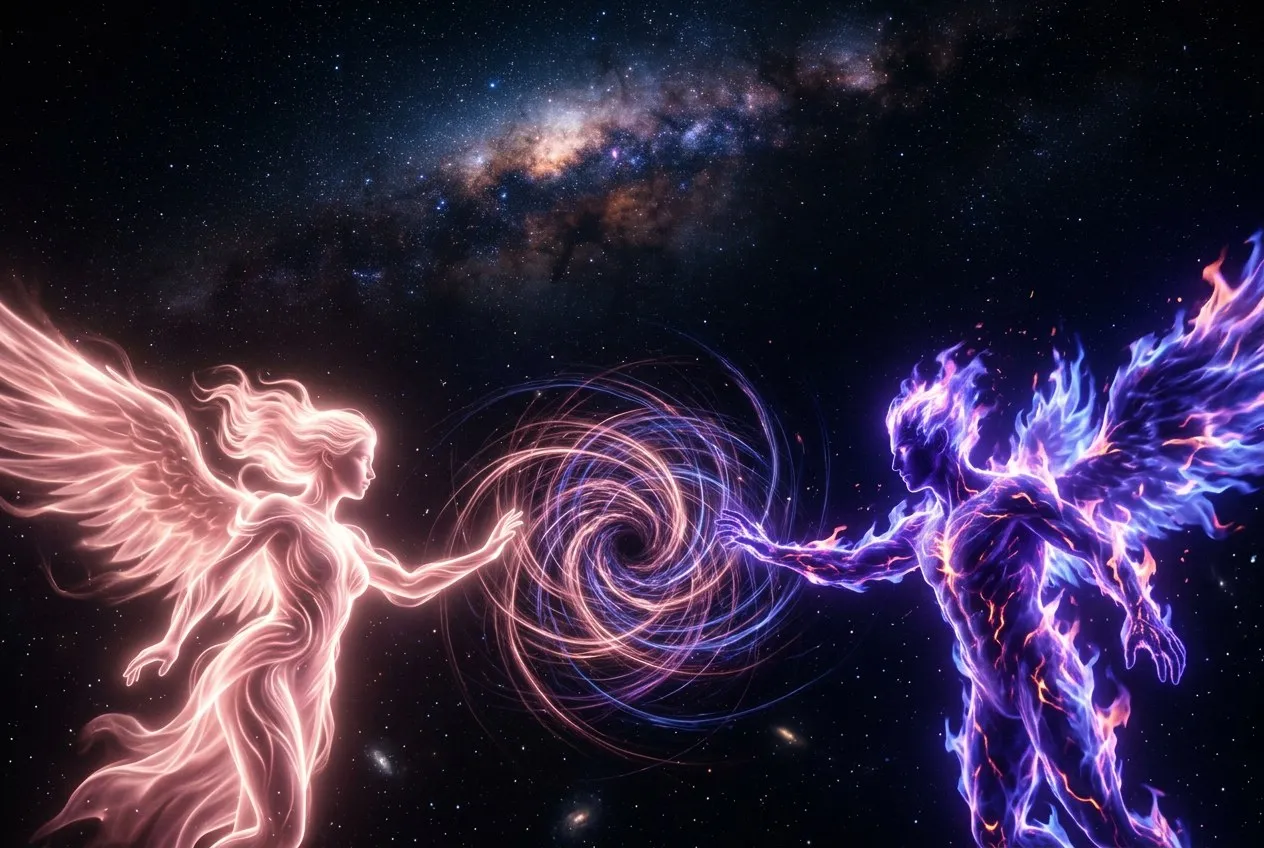 宇宙黑暗中，兩道發光人影隔空相望，一方散發玫瑰金光，另一方燃著紫藍色火焰