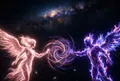 宇宙黑暗中，兩道發光人影隔空相望，一方散發玫瑰金光，另一方燃著紫藍色火焰