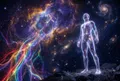 低角度仰拍半透明人形，脊椎能量通道彩虹發光，人形偏右構圖，星雲旋繞左側