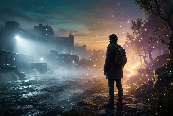 一個人影站在兩道光的交界處，左側是冷白的臨床光、右側是柔和的金紫色神聖光，人物略偏右下，仰望前方