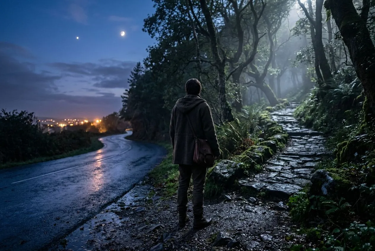 黃昏時分的分岔路口，一側是雨後濕潤的柏油路通往遠方燈火的城鎮、另一側是石板路蜿蜒進入霧氣森林，站在岔口中央的人影背對鏡頭、略偏右構圖