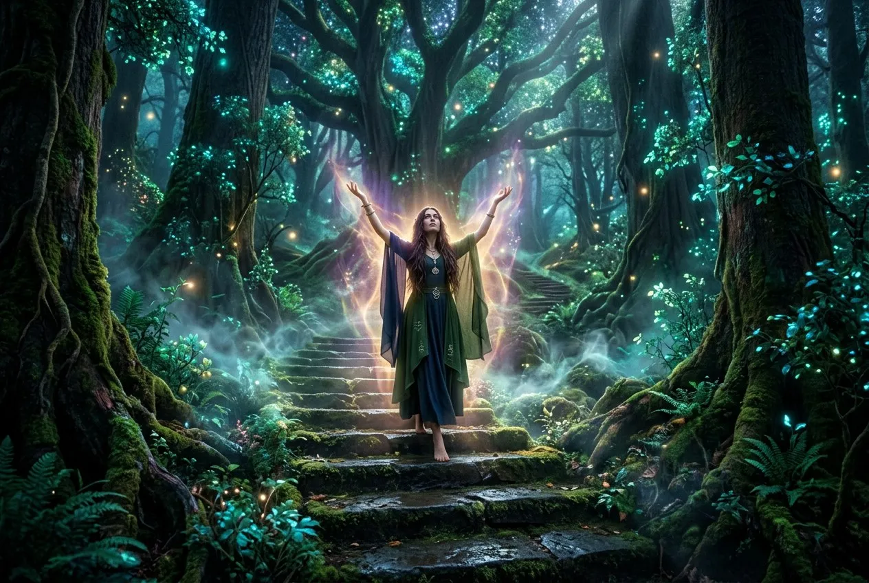 一個人赤腳站在長滿青苔的古老石階上，雙臂輕輕抬起，身體散發出金色與紫色光暈，兩側是發光的神聖森林，地面升起乙太薄霧