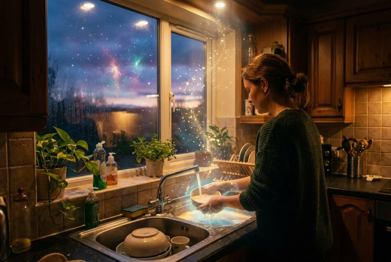 一個人在黃昏廚房窗邊洗碗,從雙手流下的水散發柔和光芒,金色光粒子向上飄散,窗外天空透出宇宙星雲的色彩,人物偏右,室內溫暖光線