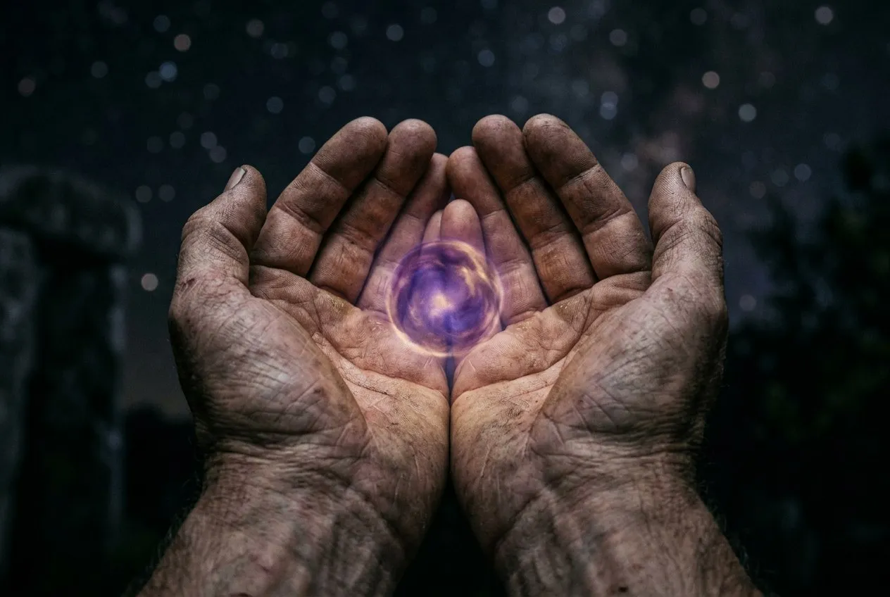 一雙真實的手捧著一顆發光的小球,球體散發深紫與金色能量光芒,照亮手掌肌膚,背景是深色大氣空間帶有模糊星光,手置於畫面下方中央