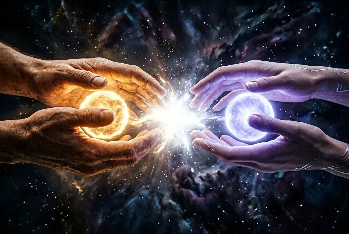 兩雙手相對伸出，一手捧著金色光球，另一手捧著藍紫色光球，光球在相遇瞬間交融出溫暖白光，深色背景，低角度特寫