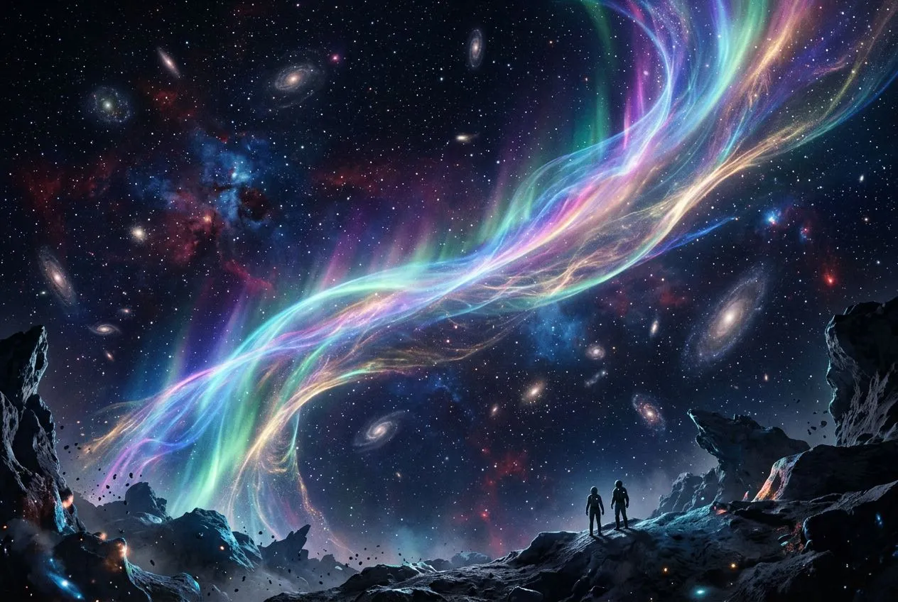一道極光般的彩色光帶橫越深空，幾顆遙遠星系隱約浮現，畫面開闊有流動感