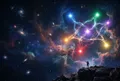 深空中六顆色彩各異的恆星散布於畫面，星帶與星雲連成一片，下方有一道極小的人影剪影仰望