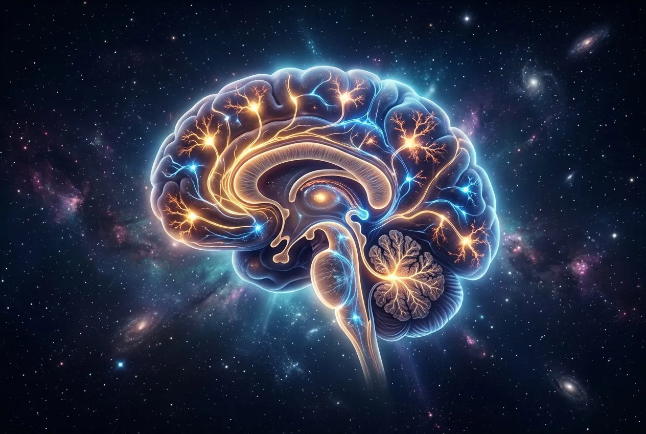 人腦的發光剖面圖在深宇宙空間中懸浮，神經迴路發出金色與藍色脈衝光，象徵意識重塑的過程