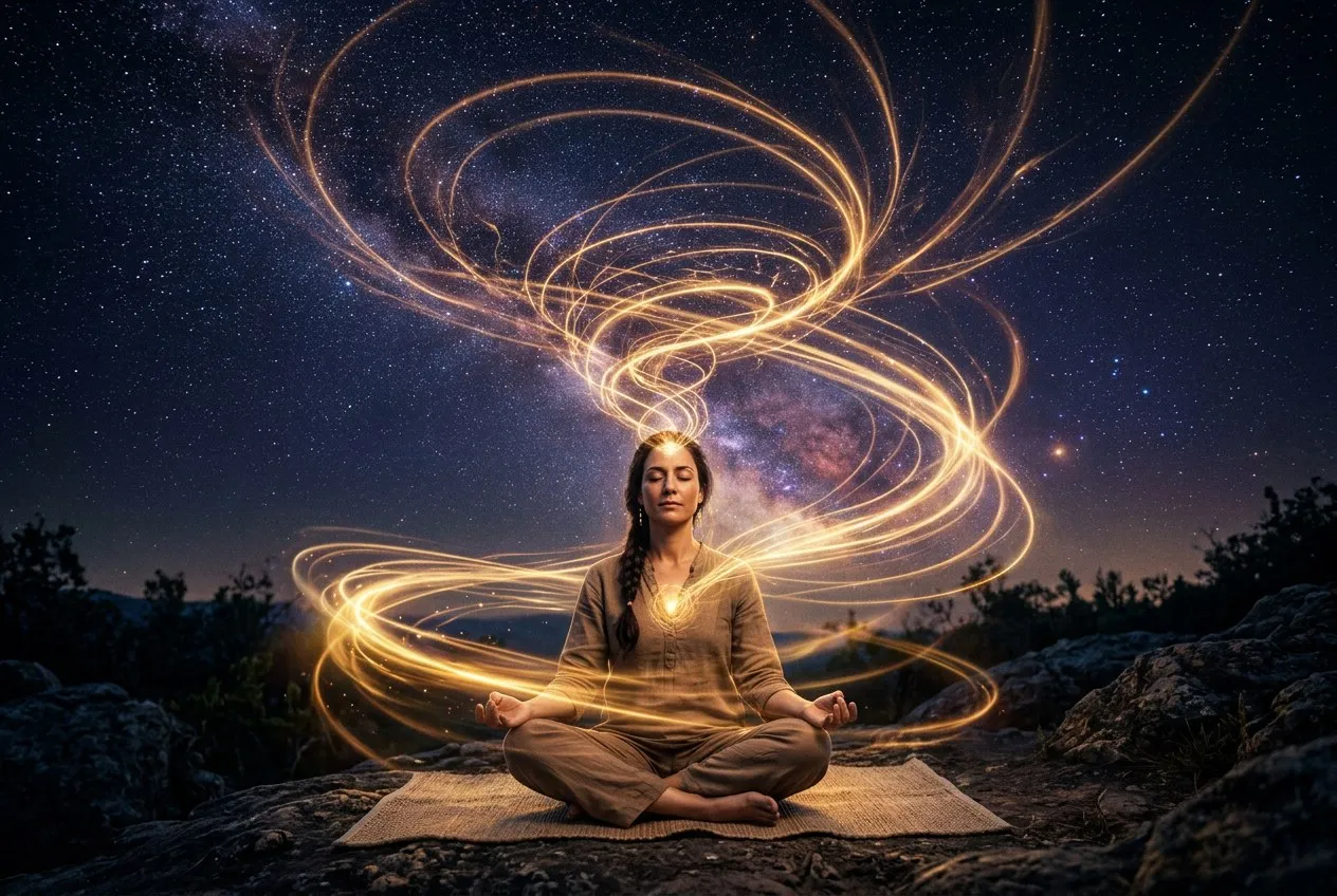 一個人坐在冥想墊上,周圍是旋轉的神經元光網絡,金色脈衝在網絡中流動,象徵冥想改變大腦迴路