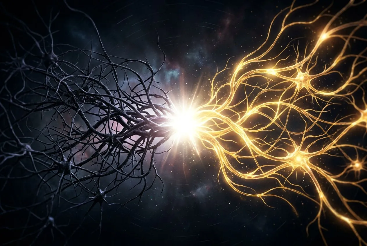 兩組神經迴路並排,左側昏暗糾結,右側發出明亮金色光流,中央一道白光正在將舊迴路轉化為新的