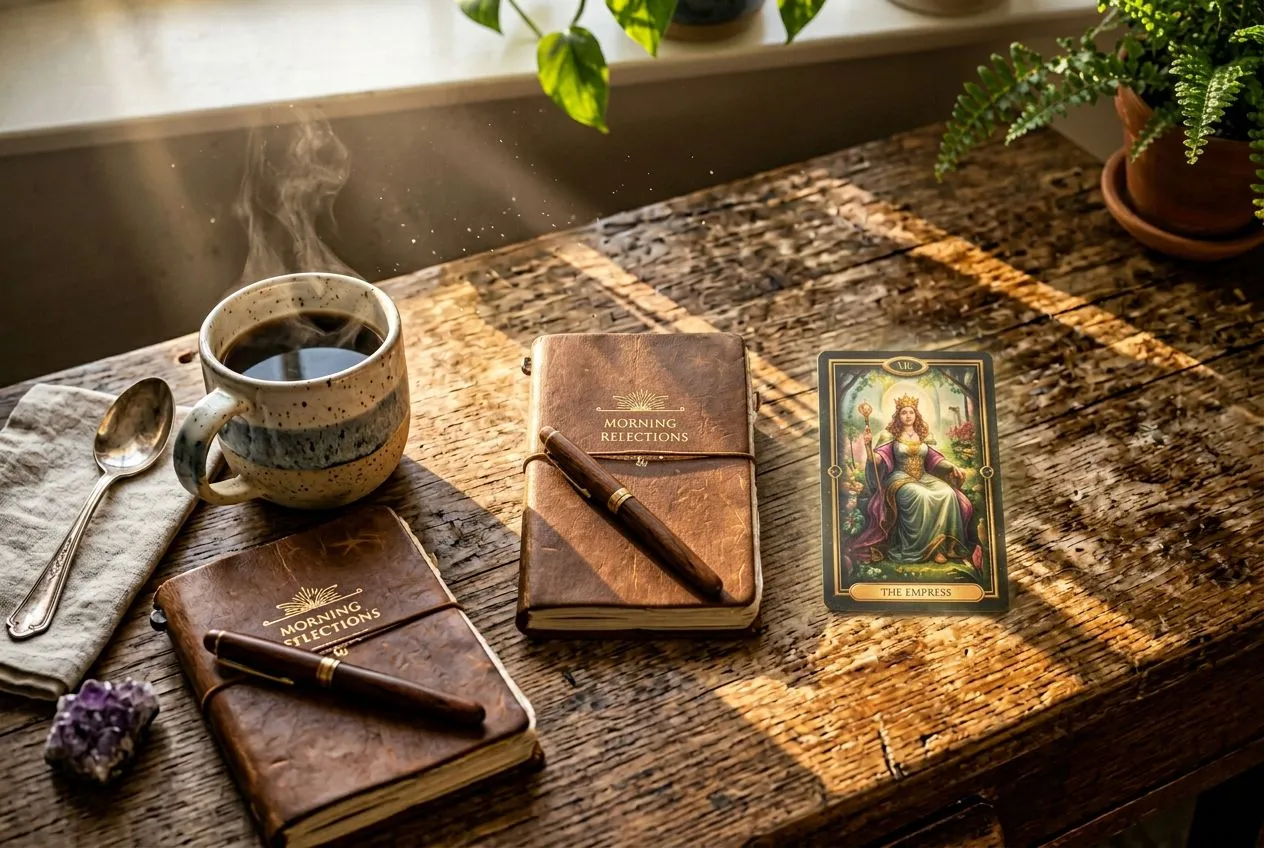俯視角度，一張塔羅牌平放在溫潤木桌上，旁邊一只陶瓷咖啡杯與一本小筆記本，晨光從左側窗戶斜切進來，光柱中漂浮著細小塵埃，牌面人物隱約發光，整體氣氛靜謐像是早晨的自我對話儀式