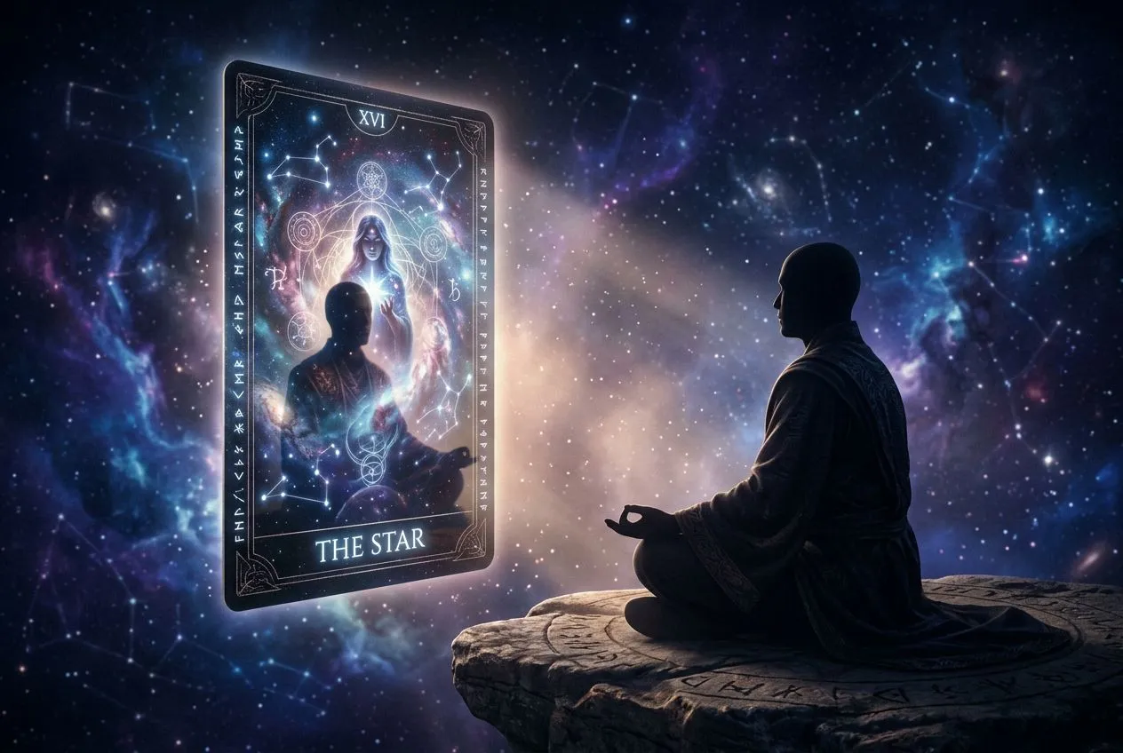低角度三分構圖，一個盤坐的人影在畫面右側面對一張如鏡般直立漂浮的塔羅牌，牌面浮現人影輪廓與星座符號交疊的倒影，深靛紫色背景隱約點綴星座線條，光柱從人影與牌之間溫柔升起，整體氣氛安靜而內省
